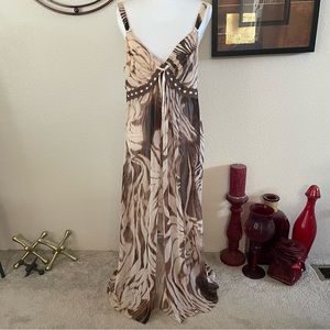 Vintage Chiffon Brown Cream Long Maxi Nightgown Slip Dress Night Lingerie